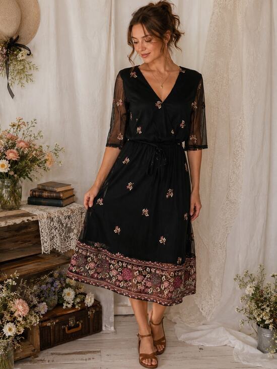 Luxology Dresses & Skirts - Luxology Mesh Midi Dress Size 10 Black Fall Floral Embroidered Boho Cottagecore